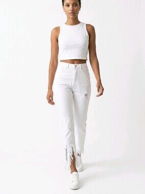 Zara White High-Rise Denim Jeans with Distress Hem